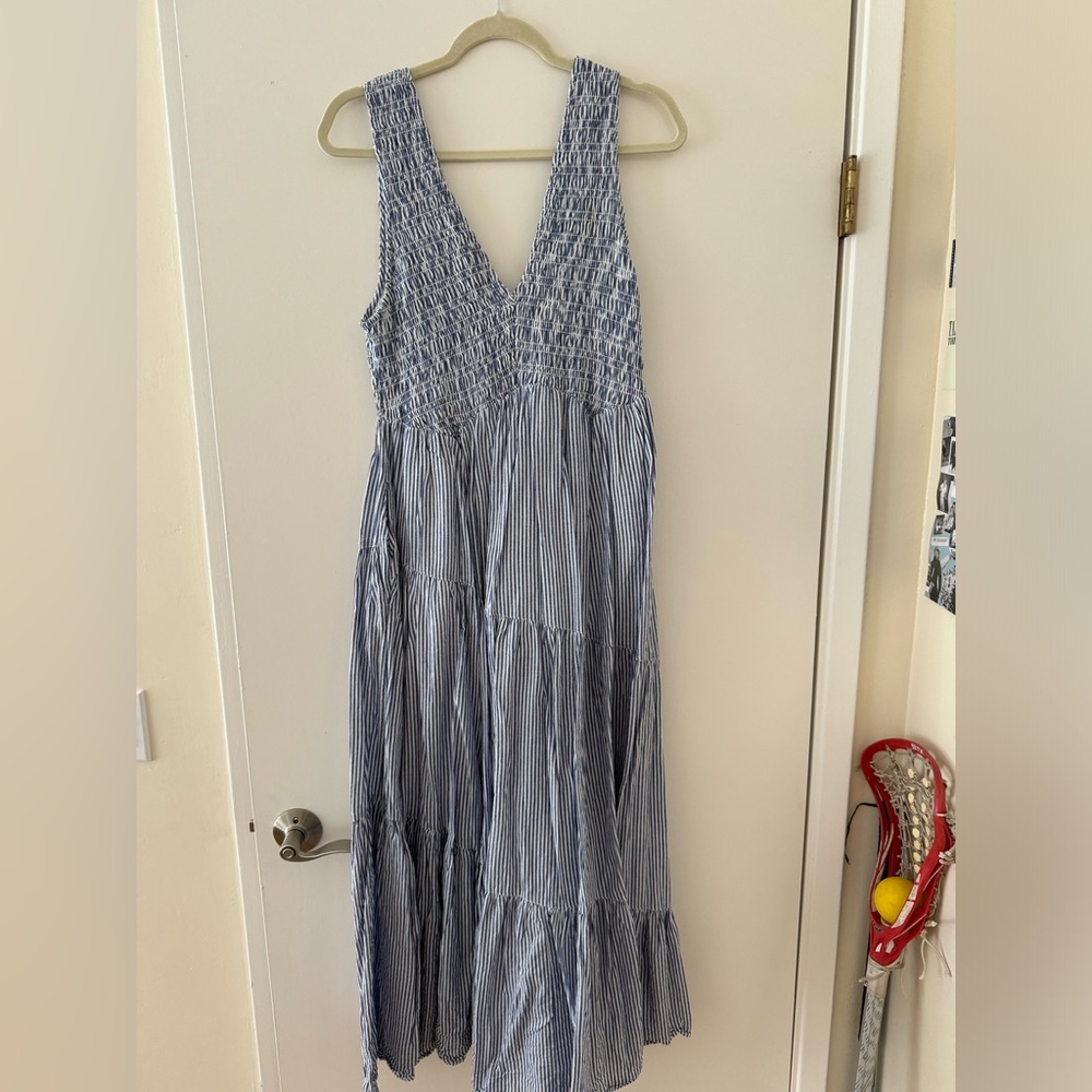 Free People smocked blue and white striped dress with tie back